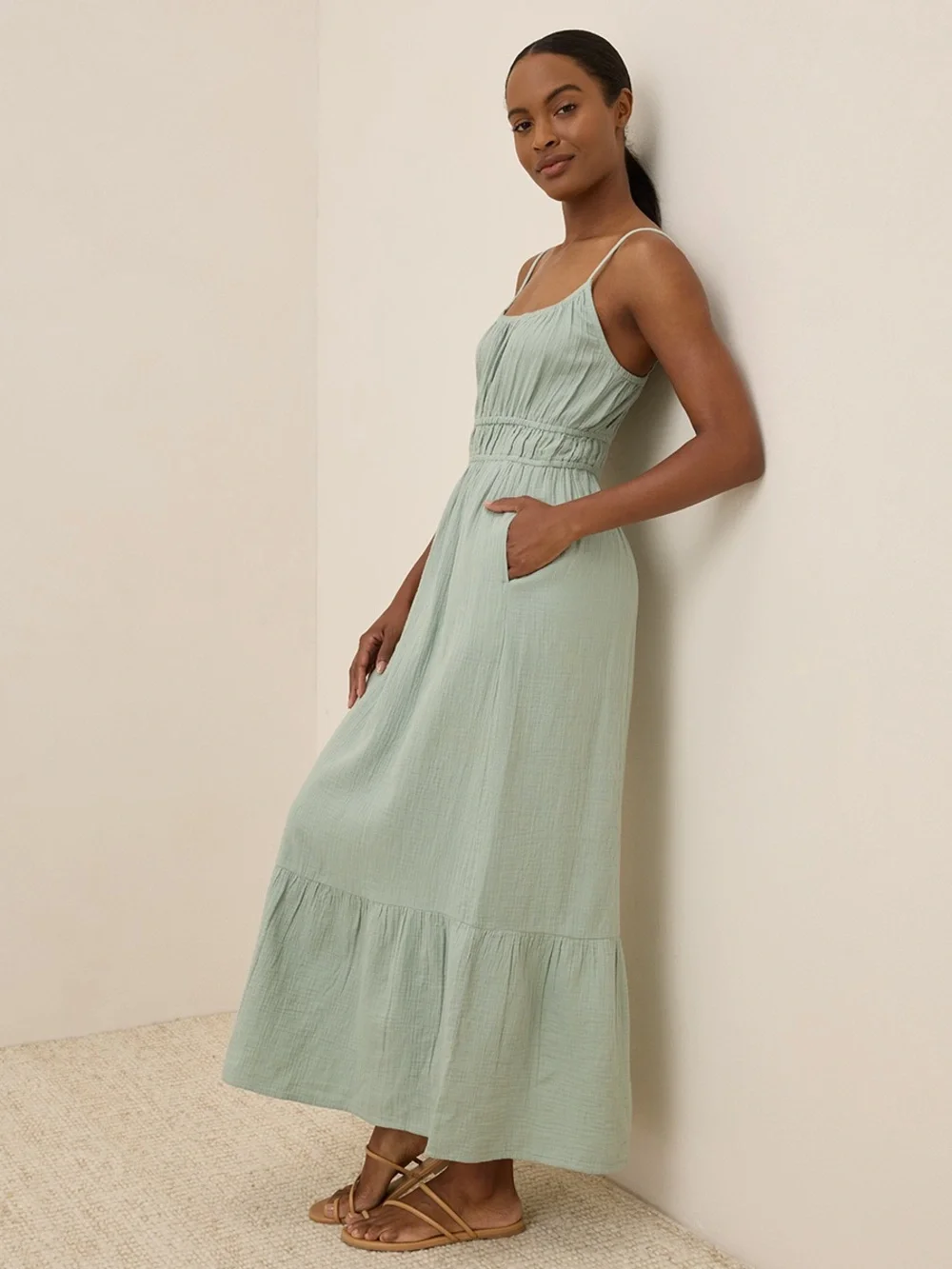 Pact Coastal Double Gauze Cami Maxi Dress Blue Green Size Medium - Picture 2 of 14